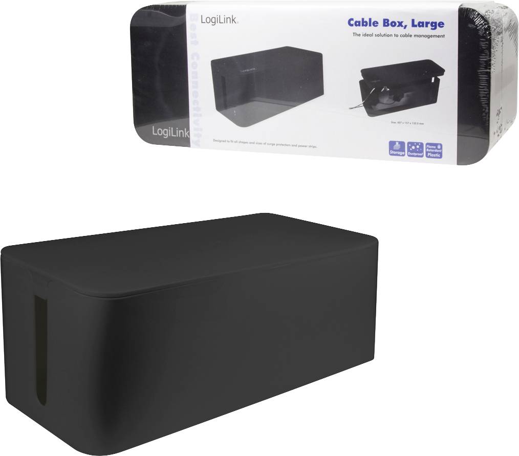 Une boîte de rangement pour câbles en noir, de grande taille. L'emballage présente le produit et le texte 'Cable Box, Large' ainsi que des logos.