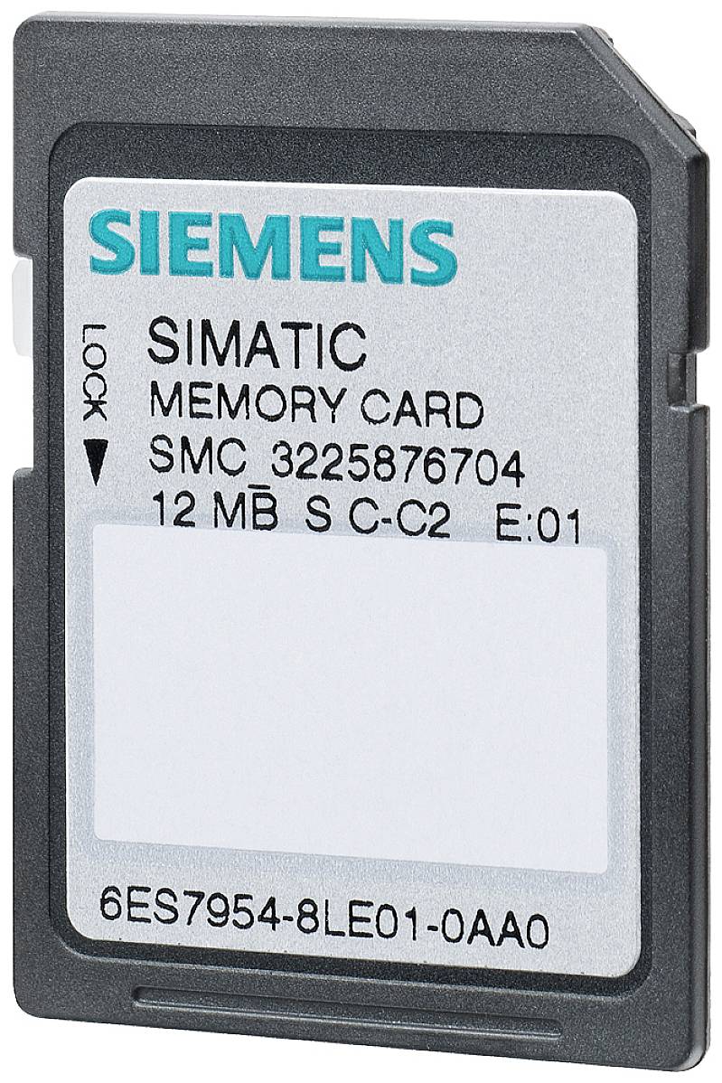 Une carte mémoire Siemens Simatic portant l'inscription '12 MB SMC 3225876704'. Elle est utilisée pour l'automatisation industrielle.