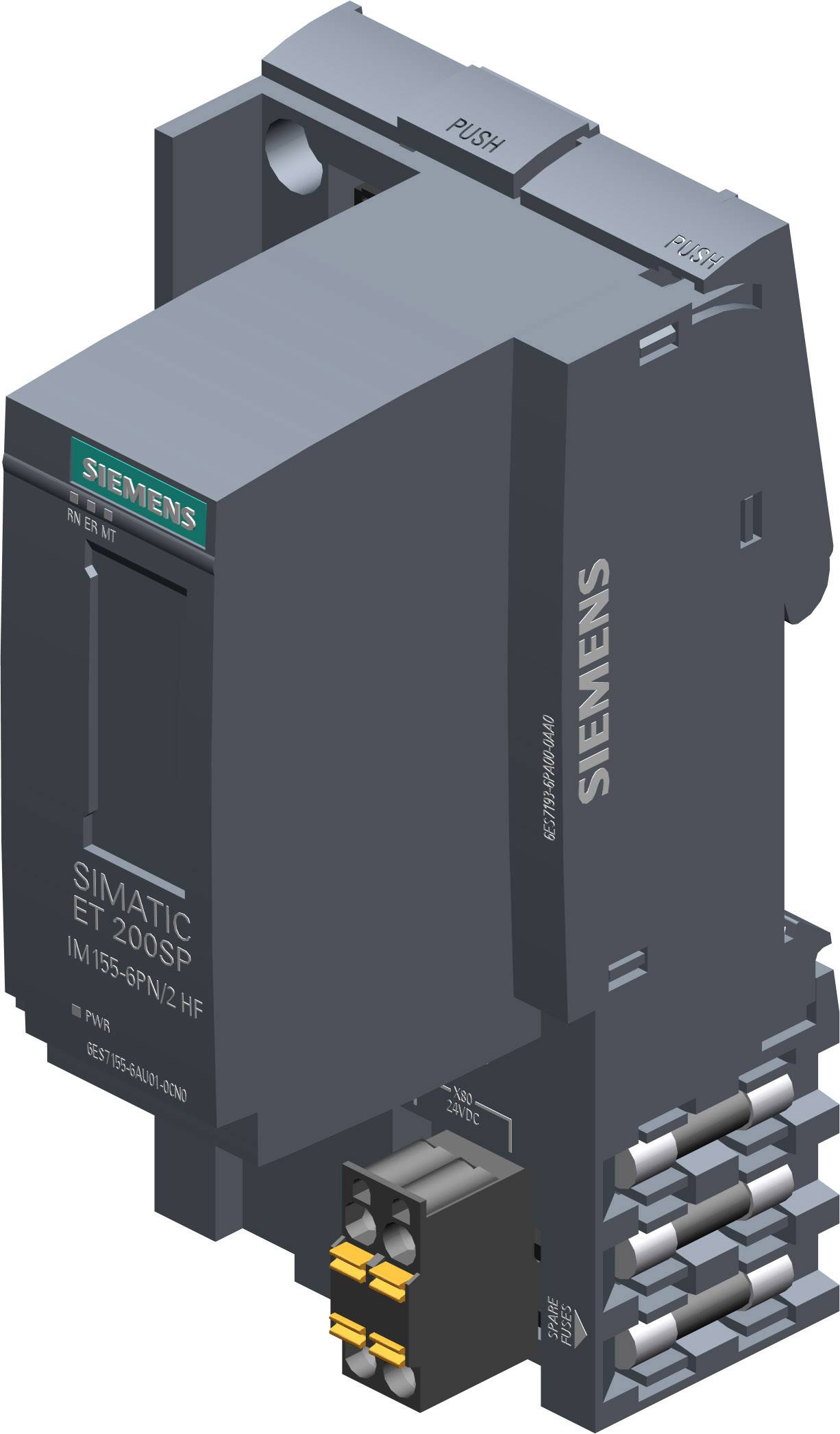 Appareil d'automatisation industrielle de Siemens, modèle SIMATIC ET 200SP. Design sombre et compact avec des éléments de connexion distinctifs.