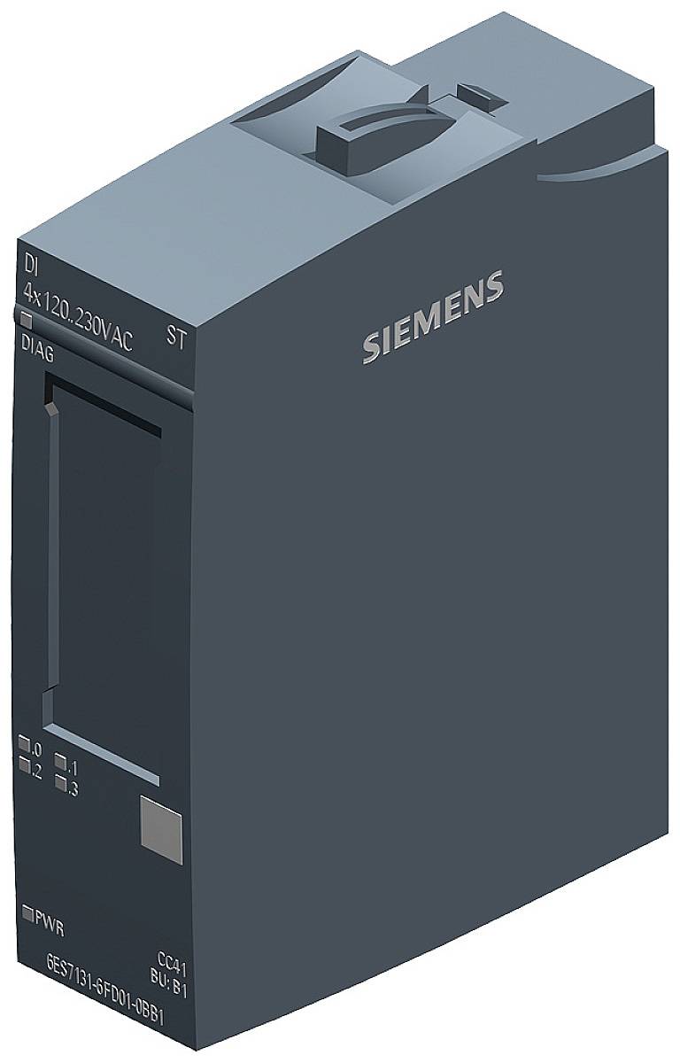 Un appareil électronique gris foncé de Siemens, probablement un module ou un commutateur, portant l'inscription '4x120-230VAC'.