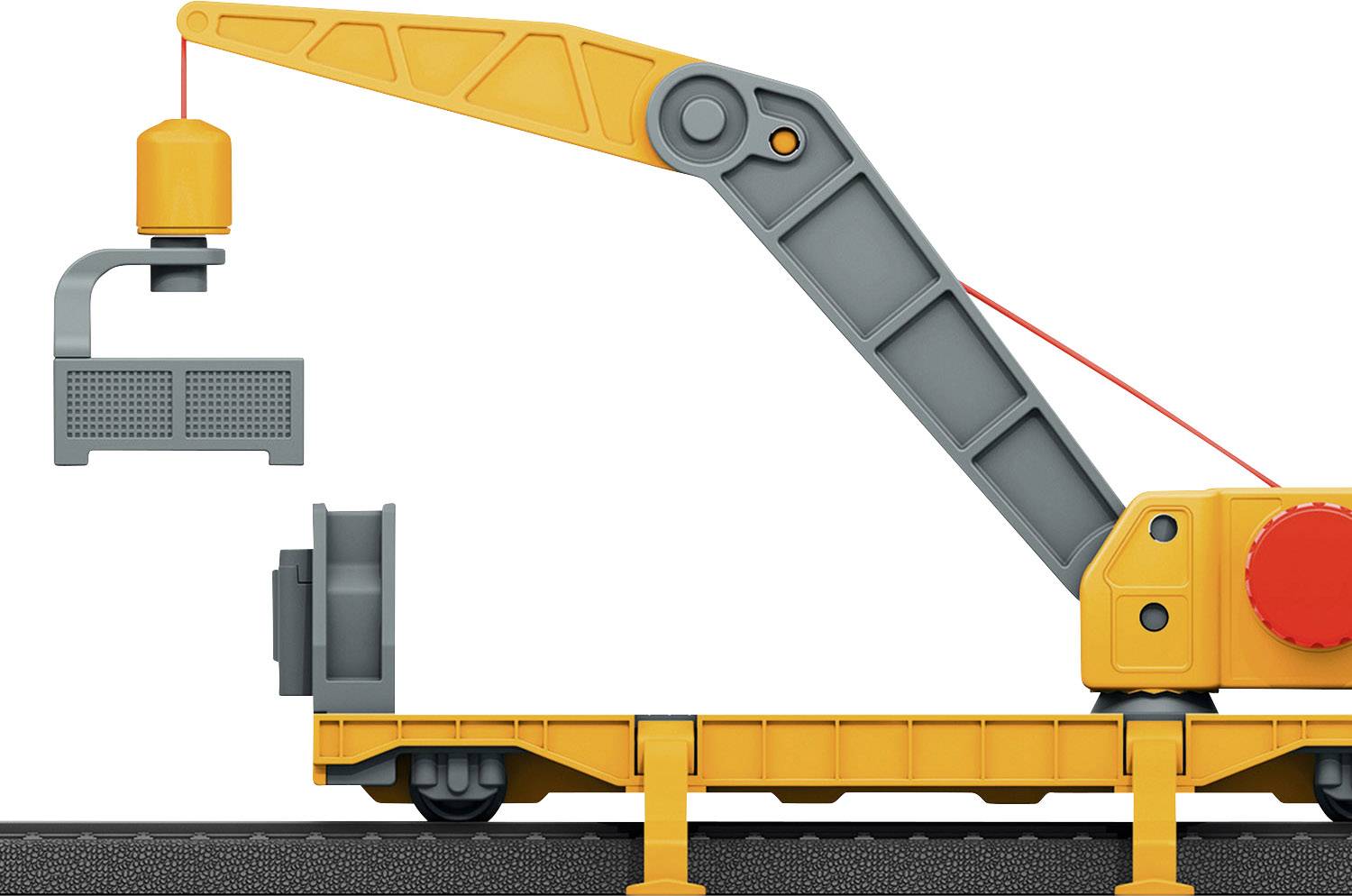 Une grue de jouet sur un rail soulève un bloc de construction, composé d'un crochet jaune et de blocs rectangulaires gris.