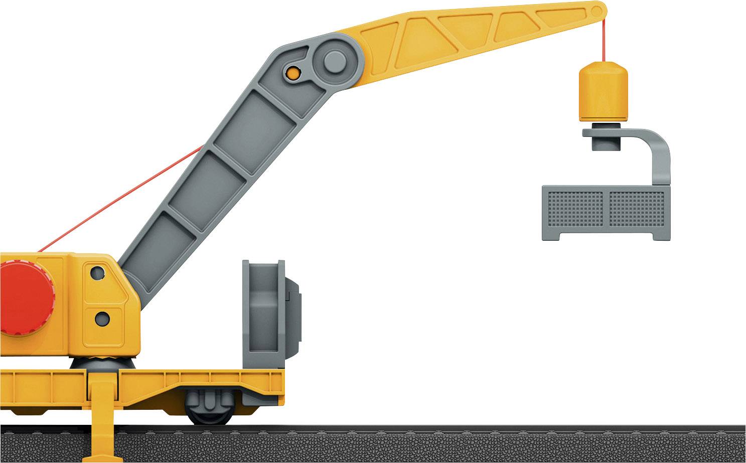 Une grue jaune soulève une boîte métallique grise au-dessus d'une voie ferrée. La flèche de la grue est déployée vers la droite.