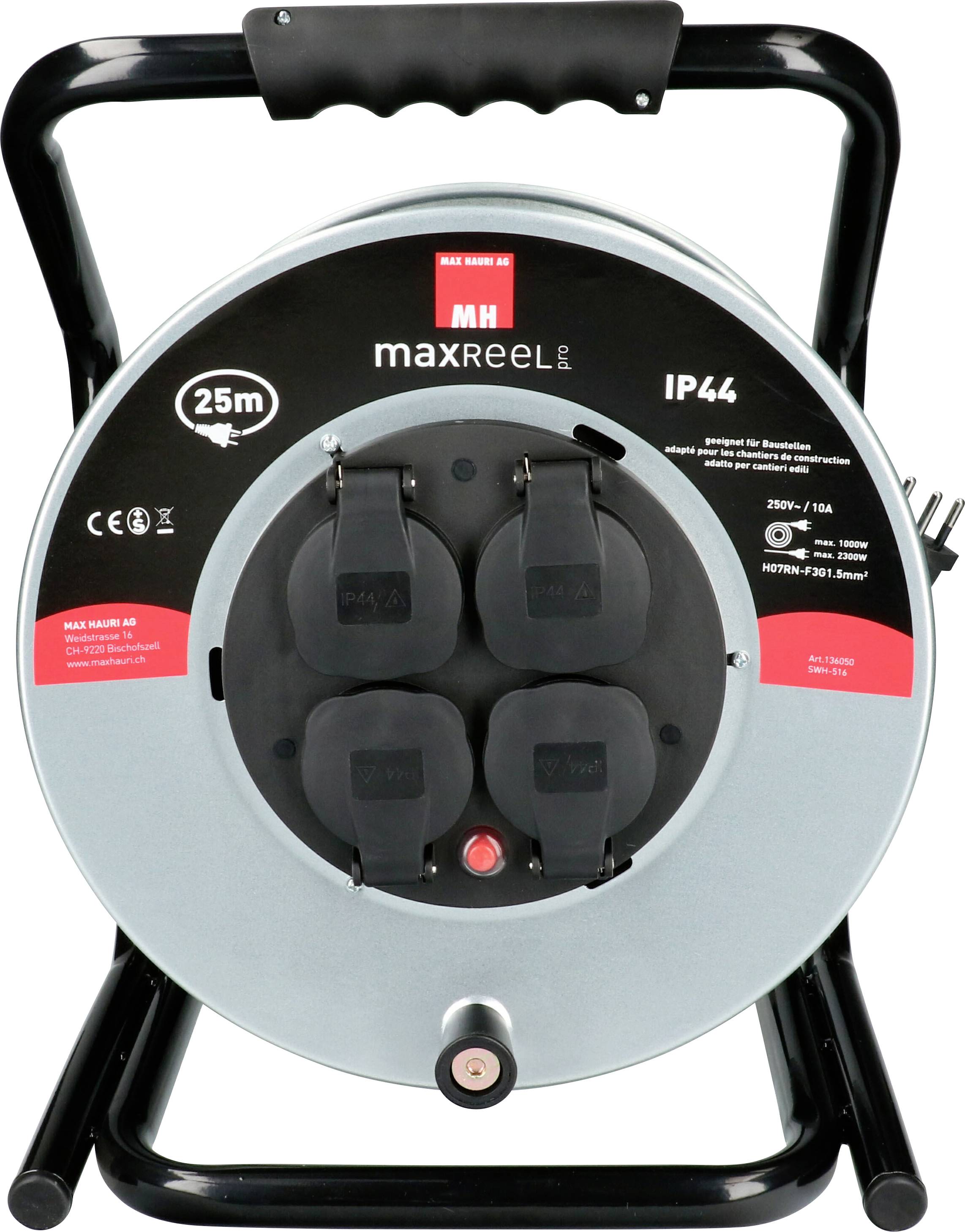 Max Hauri AG 136050 Enrouleur de câble 25.00 m noir Mâle suisse