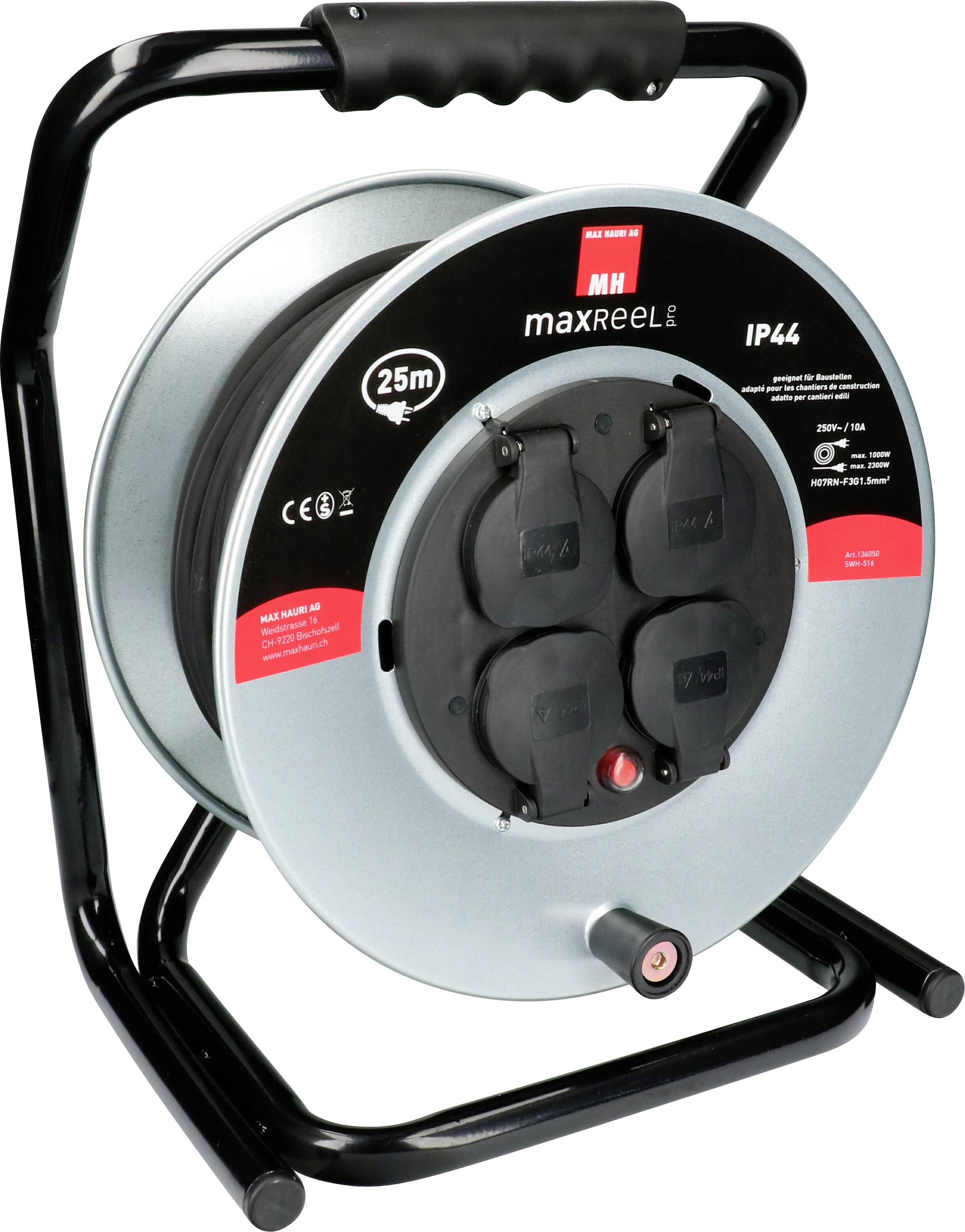 Max Hauri AG 136050 Enrouleur de câble 25.00 m noir Mâle suisse