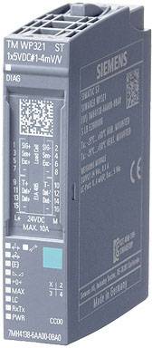 Module d'électronique industrielle, gris foncé, avec logo Siemens et données techniques en blanc. Symboles d'affichage et de connexion en bas.