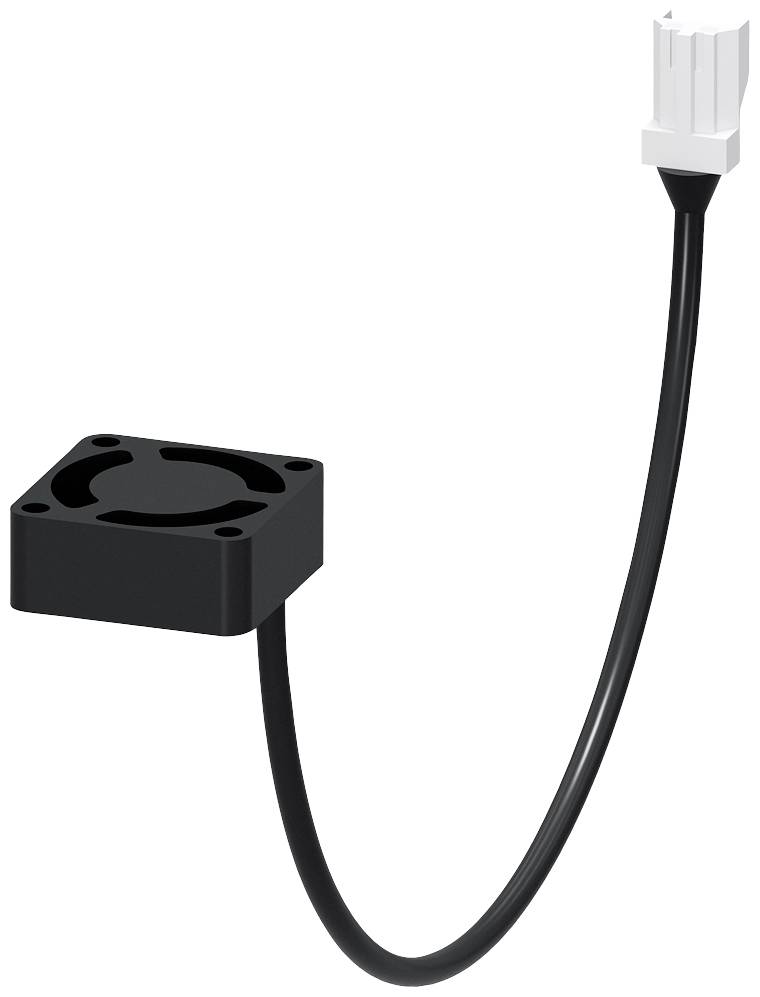 Un petit ventilateur noir avec un câble connecté et une fiche blanche. Il sert à refroidir des appareils électroniques.
