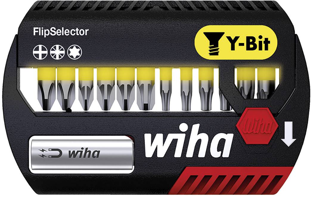 Ensemble de Bits 'Wiha FlipSelector Y-Bit' avec dix embouts de tournevis jaunes interchangeables dans un étui noir. Convient pour des applications de vissage polyvalentes.