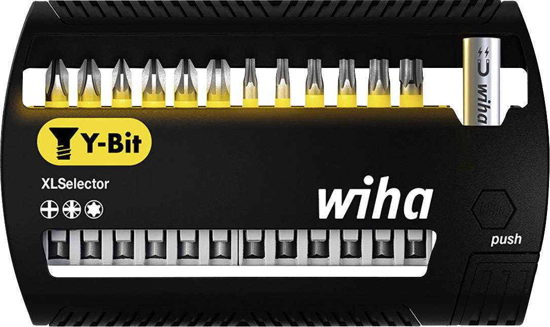 Jeu de bits 'Wiha XLSelector' avec 12 embouts, jaune et noir. Comprend différents embouts de tournevis.