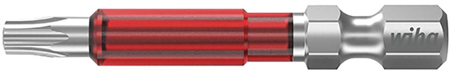 Un embout de tournevis rouge avec un profil de vis et une base hexagonale en métal portant l'inscription 'Wiha'.