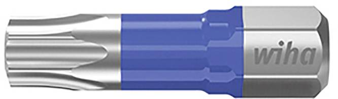 Un porte-embouts bleu et argenté avec le logo 'wiha', adapté aux embouts à rainures.