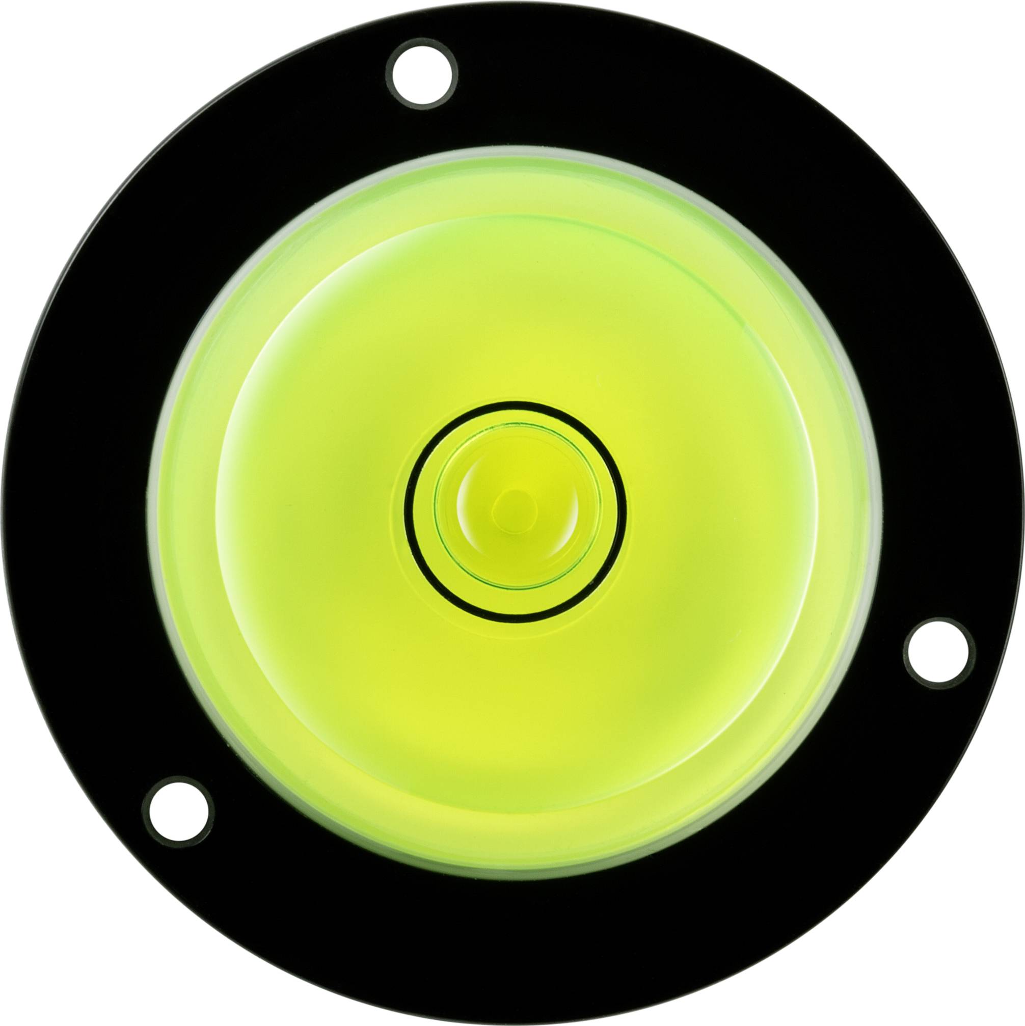 Niveau à bulle rond de couleur verte avec un liquide jaune au centre, entouré d'un cadre noir avec quatre trous de fixation.