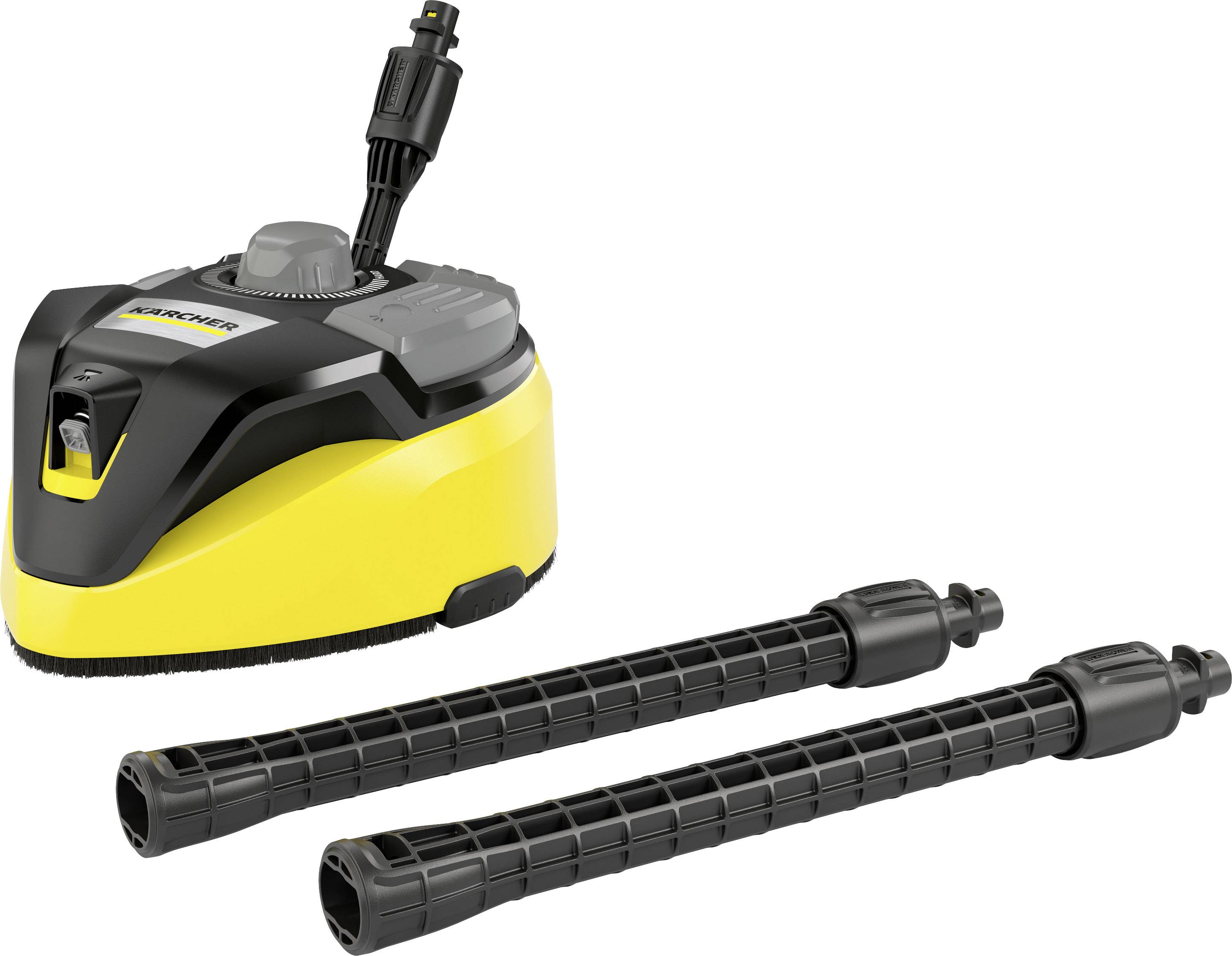 Un embout de nettoyeur haute pression jaune et noir avec deux rallonges tubulaires, adapté pour le nettoyage de surfaces.