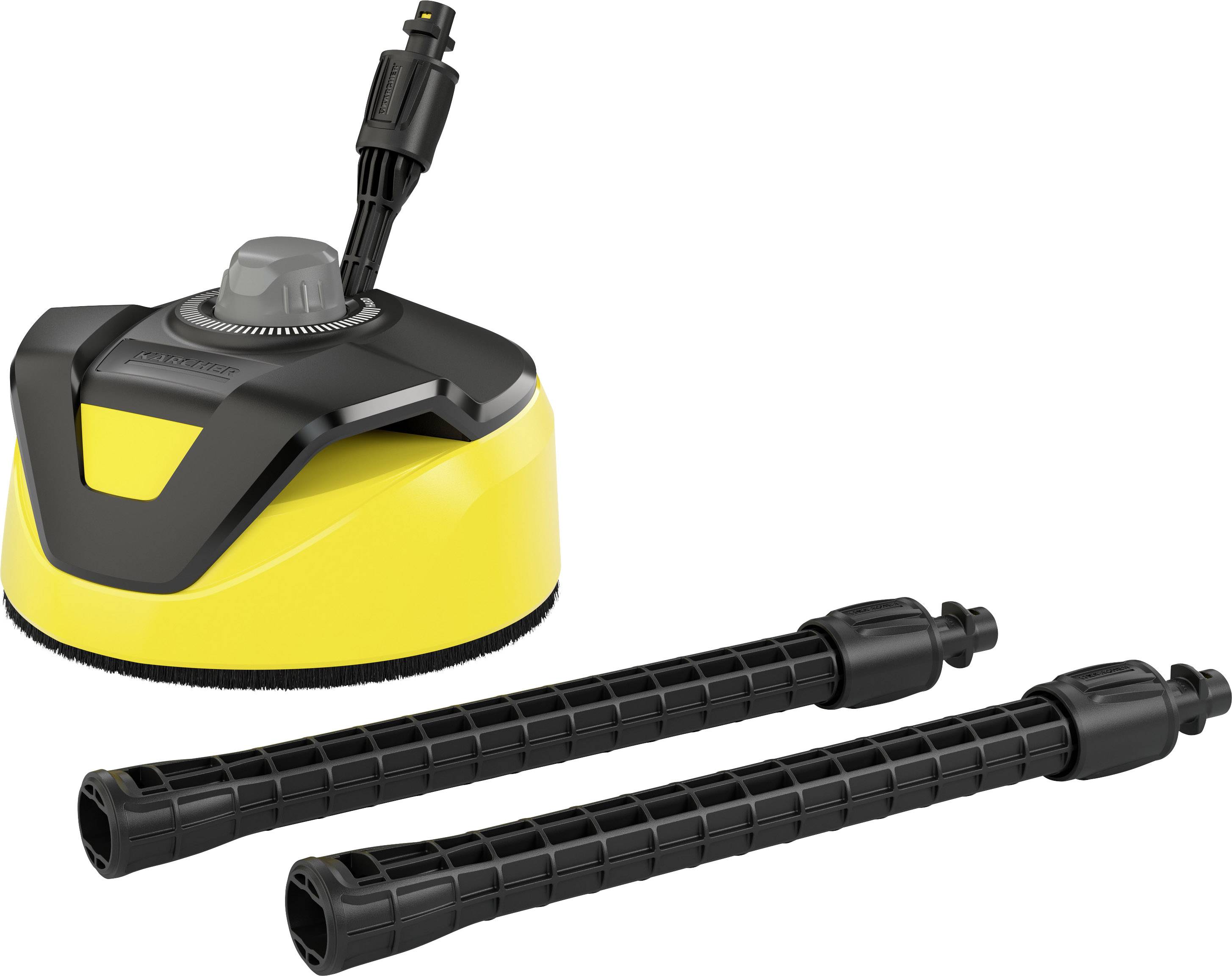 Nettoyeur de surface en jaune avec deux rallonges. Adapté pour le nettoyage efficace de grandes surfaces planes en extérieur.