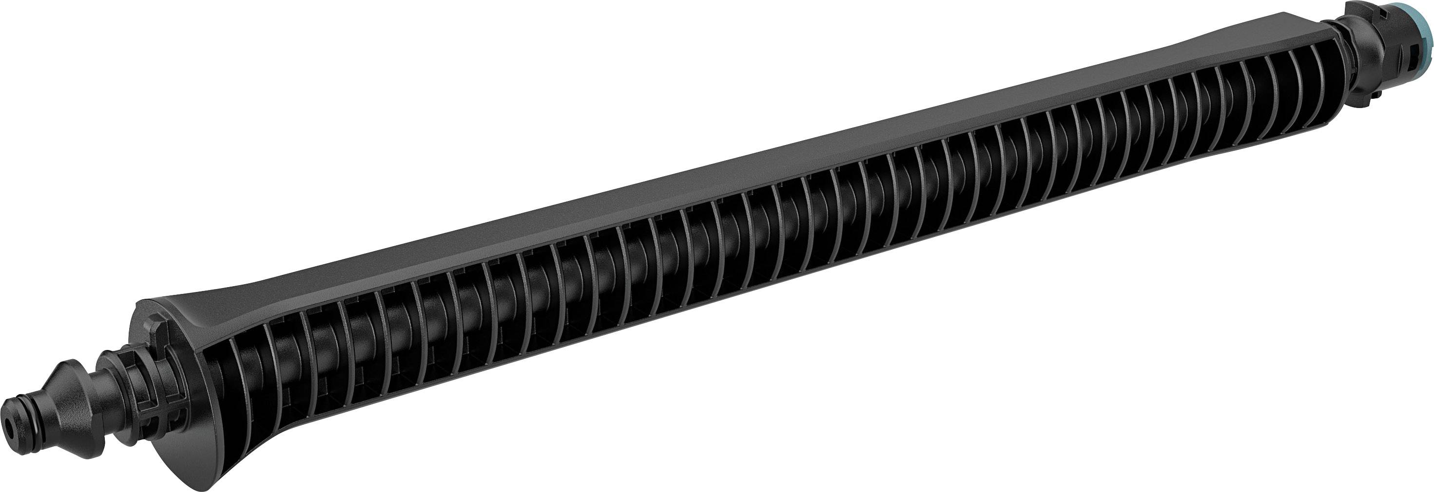 Un long tube en plastique noir à surface striée avec des raccords à chaque extrémité, probablement un composant technique.