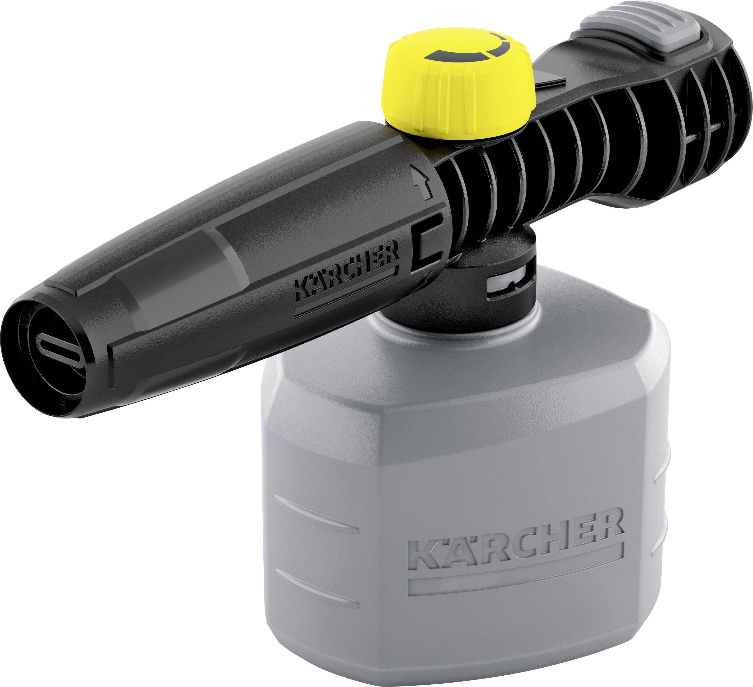 Une bouteille de pulvérisation en mousse noire de Kärcher avec une buse jaune et un réservoir gris, utilisée pour nettoyer différentes surfaces.