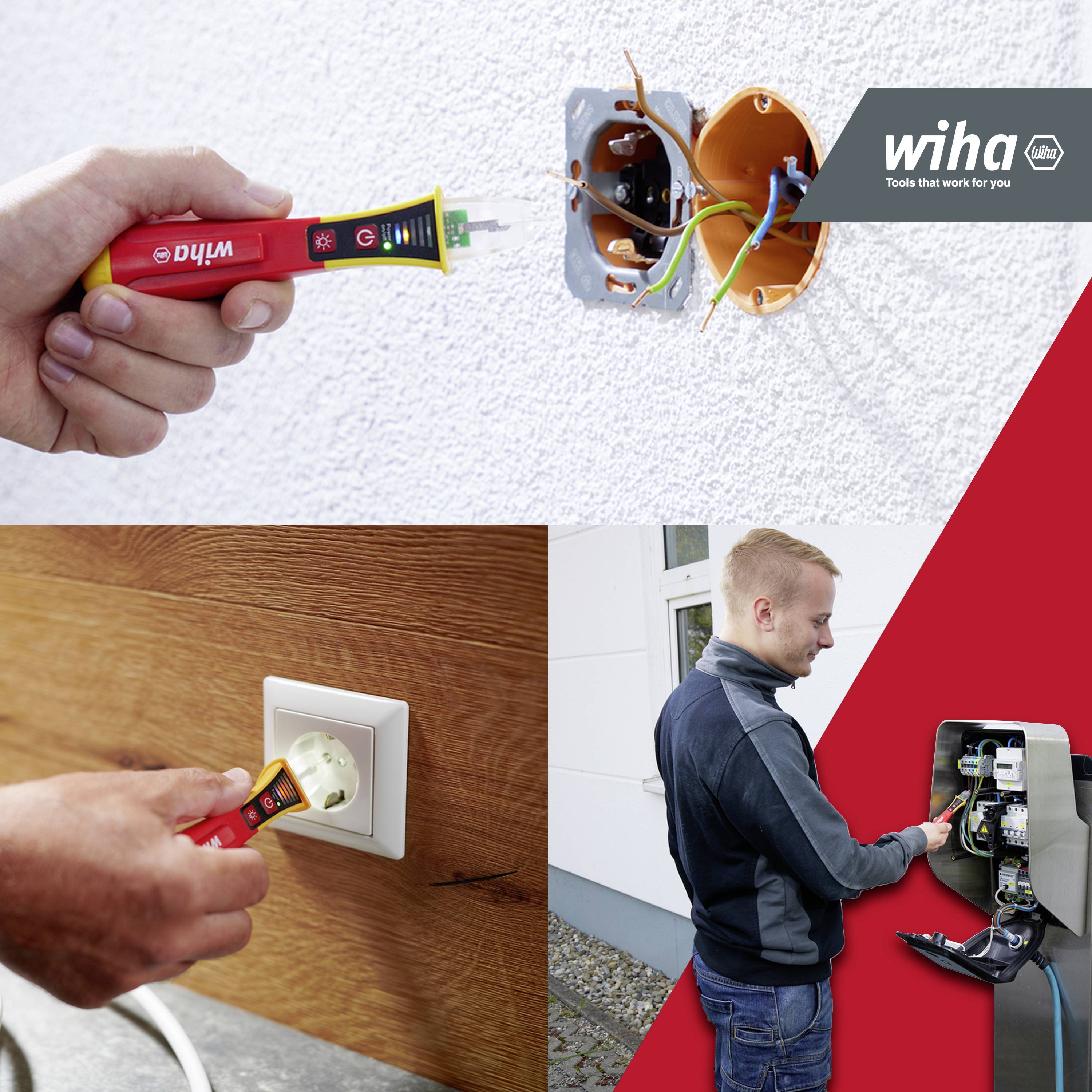 Un homme teste des lignes électriques à l'aide d'un testeur de tension. Deux images montrent l'utilisation de l'appareil sur une prise de courant et un tableau électrique.
