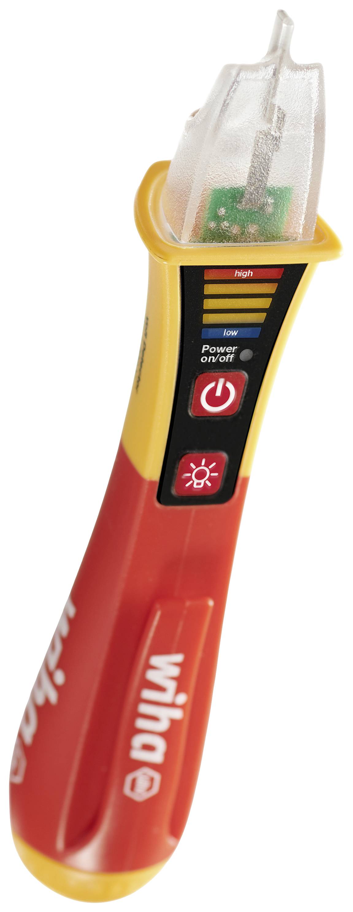 Indicateur de tension numérique sous forme de stylo avec boîtier rouge et jaune, voyants LED pour tension et lumière, marque 'Wiha'.