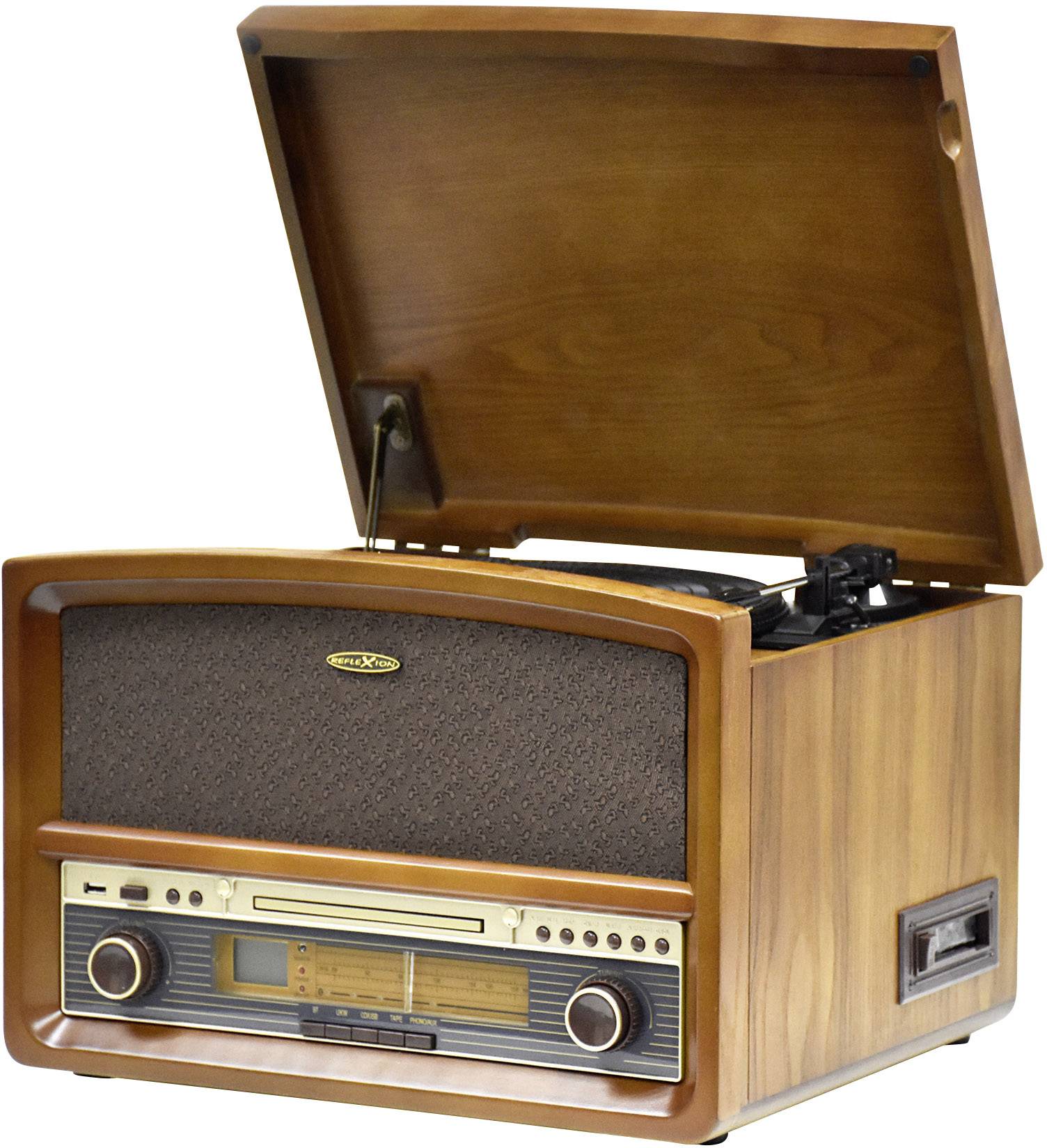 Reflexion HIF1937 Chaîne stéréo rétro FM, CD, Cassette, Lecteur de disque, USB, Boîtier en bois véritable, fonction