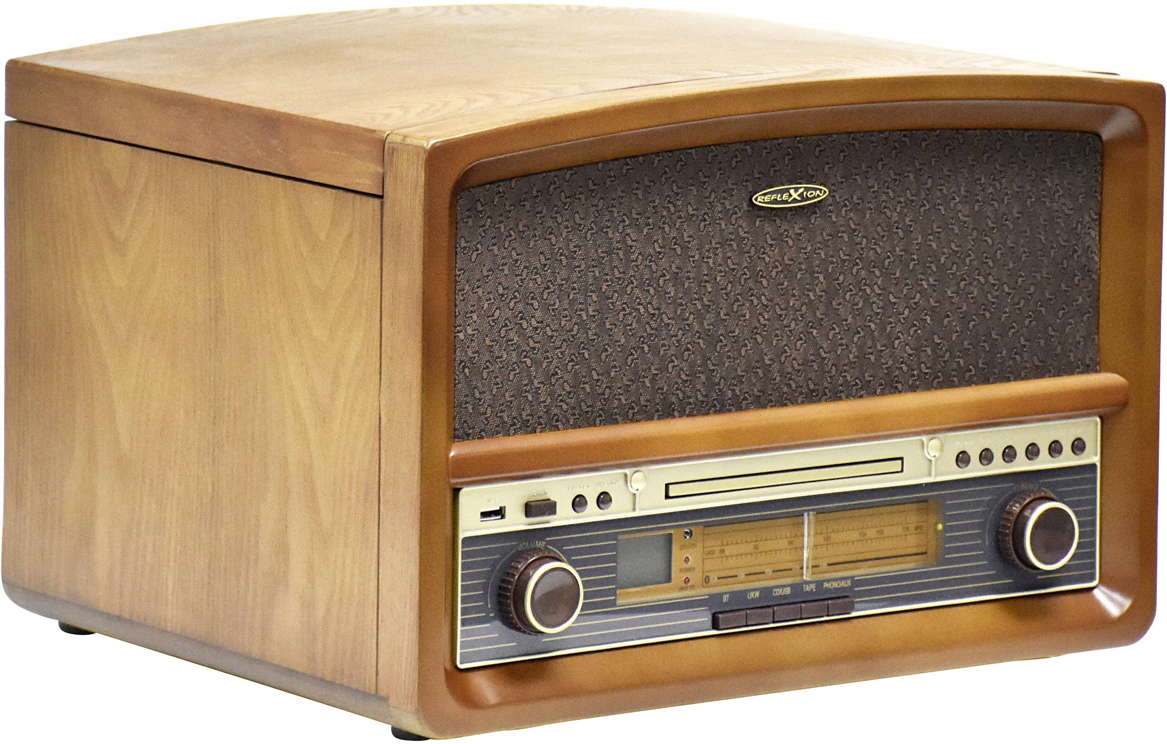 Reflexion HIF1937 Chaîne stéréo rétro FM, CD, Cassette, Lecteur de disque, USB, Boîtier en bois véritable, fonction