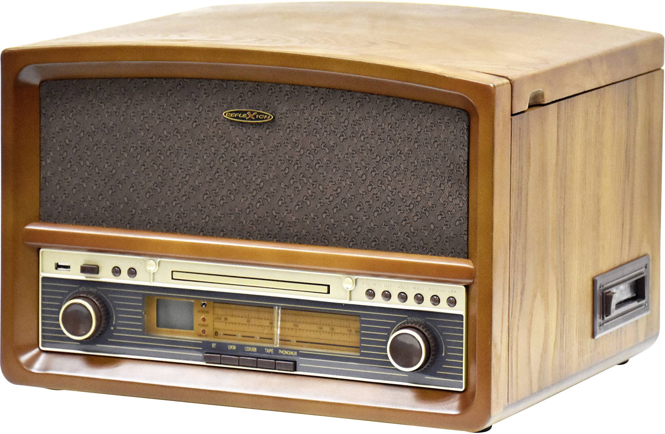 Reflexion HIF1937 Chaîne stéréo rétro FM, CD, Cassette, Lecteur de disque, USB, Boîtier en bois véritable, fonction