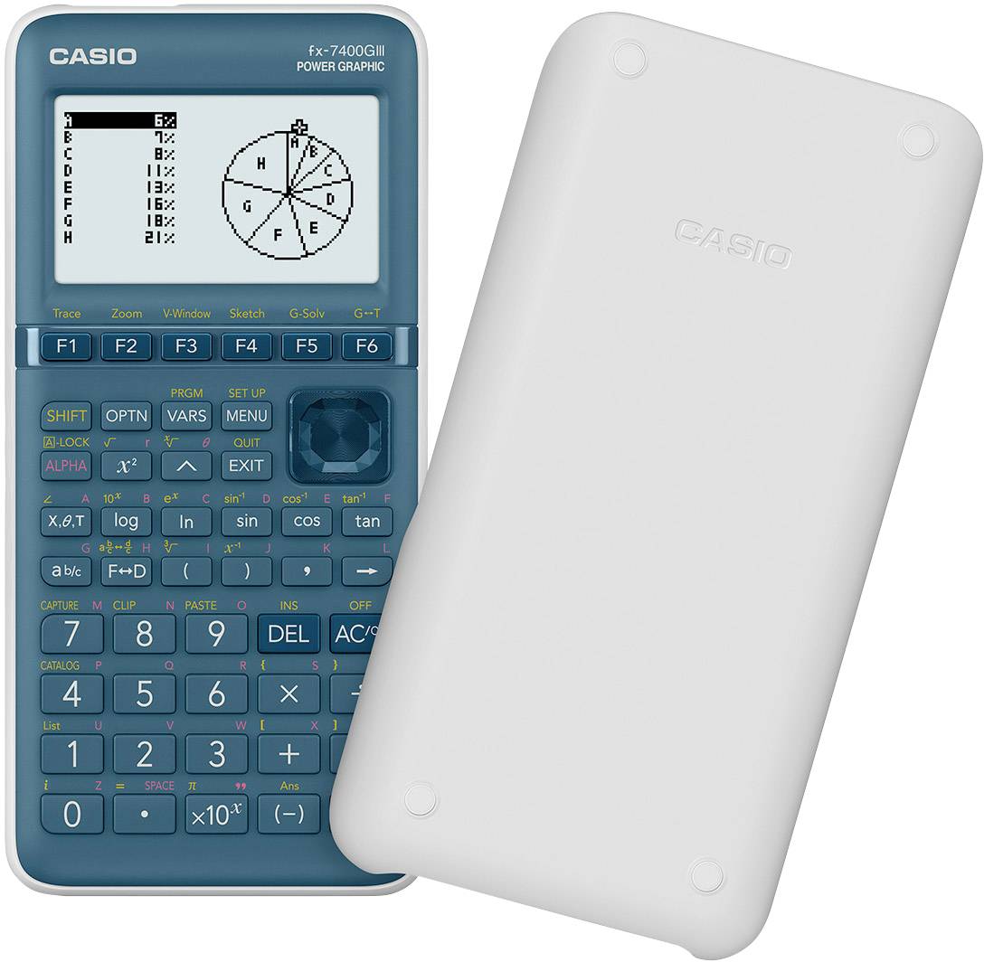 Une calculatrice Casio fx-7400GII avec un graphique affiché sur l'écran, à côté de laquelle se trouve une housse de protection.