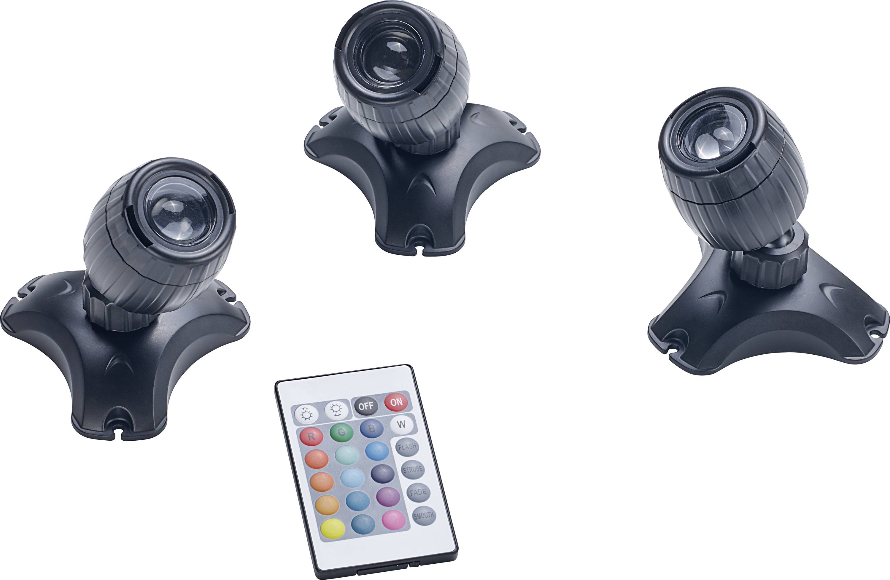 Trois projecteurs LED noirs à têtes orientables, accompagnés d'une télécommande munie de plusieurs boutons colorés pour régler les paramètres.