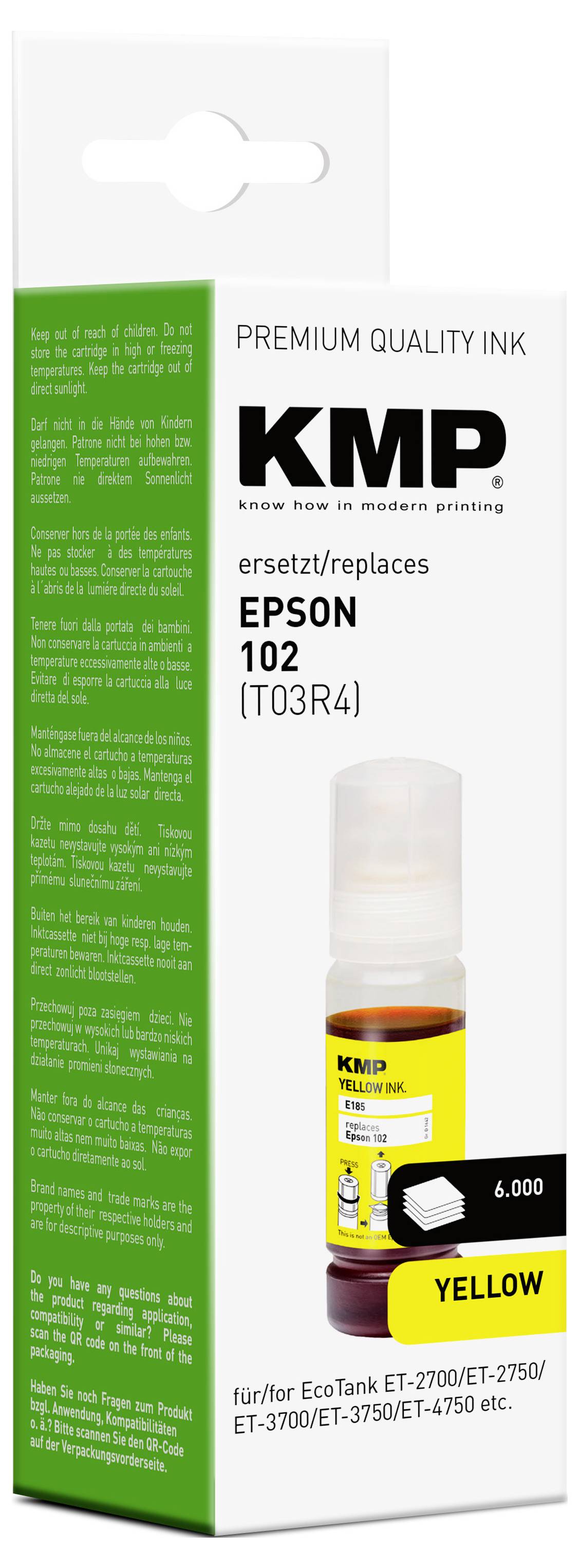 KMP Encre de recharge remplace Epson 102, T03R4 compatible jaune 70 ml E185 1642,0009