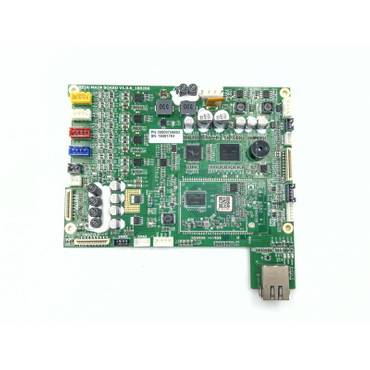 Circuit imprimé vert avec divers composants électroniques, connecteurs et une prise Ethernet.