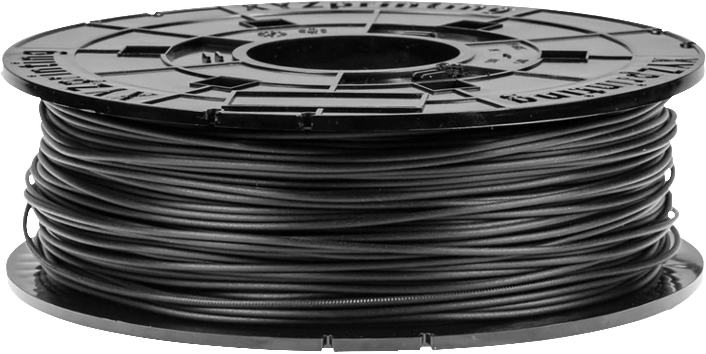 Une bobine de filament noir pour imprimante 3D. Elle est compactement enroulée et prête à être utilisée pour l'impression 3D.