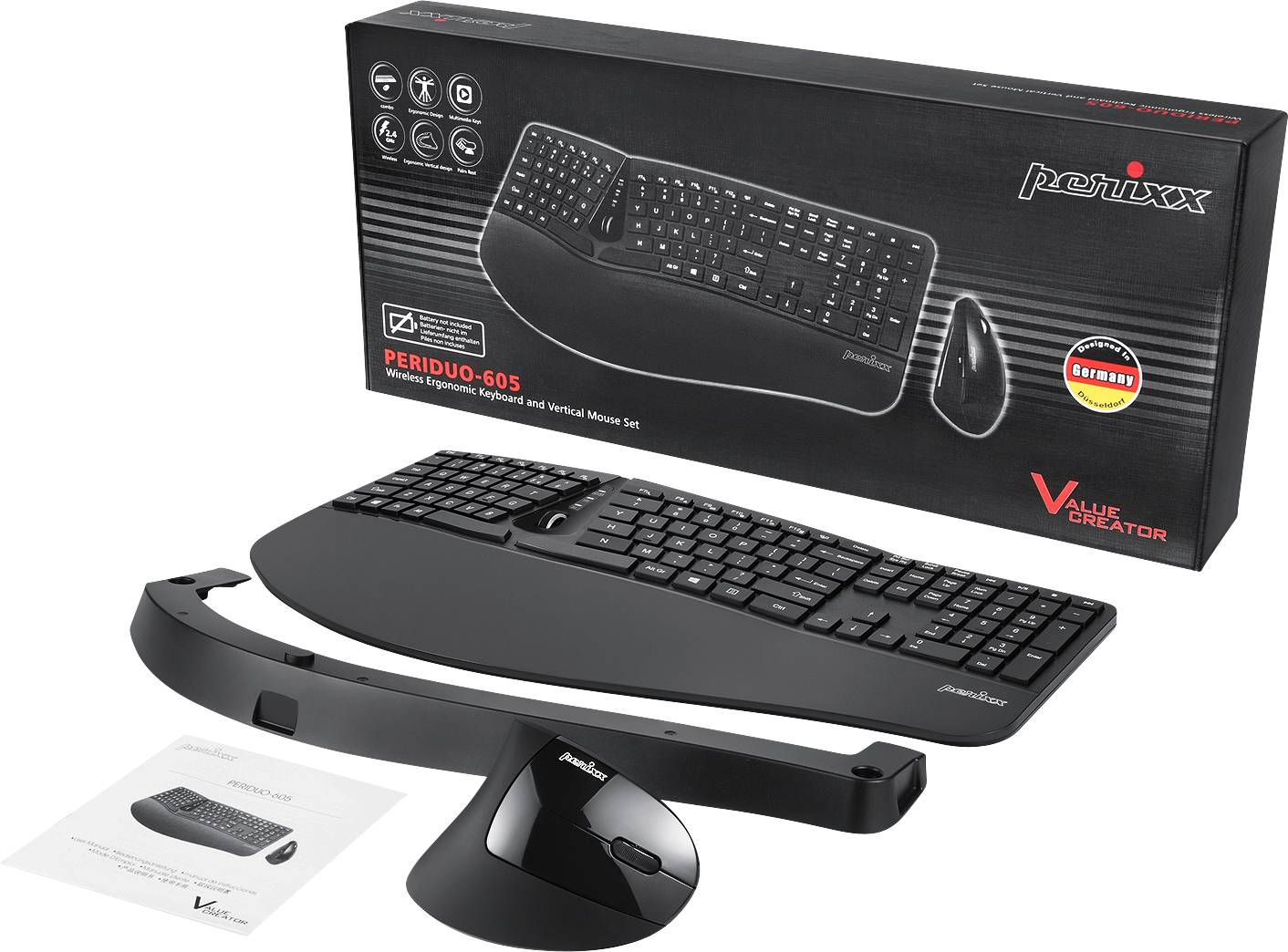 Perixx PERIDUO-605BDE radio Kit souris + clavier allemand, QWERTZ noir ergonomique, touches multimédia, repose-poignet