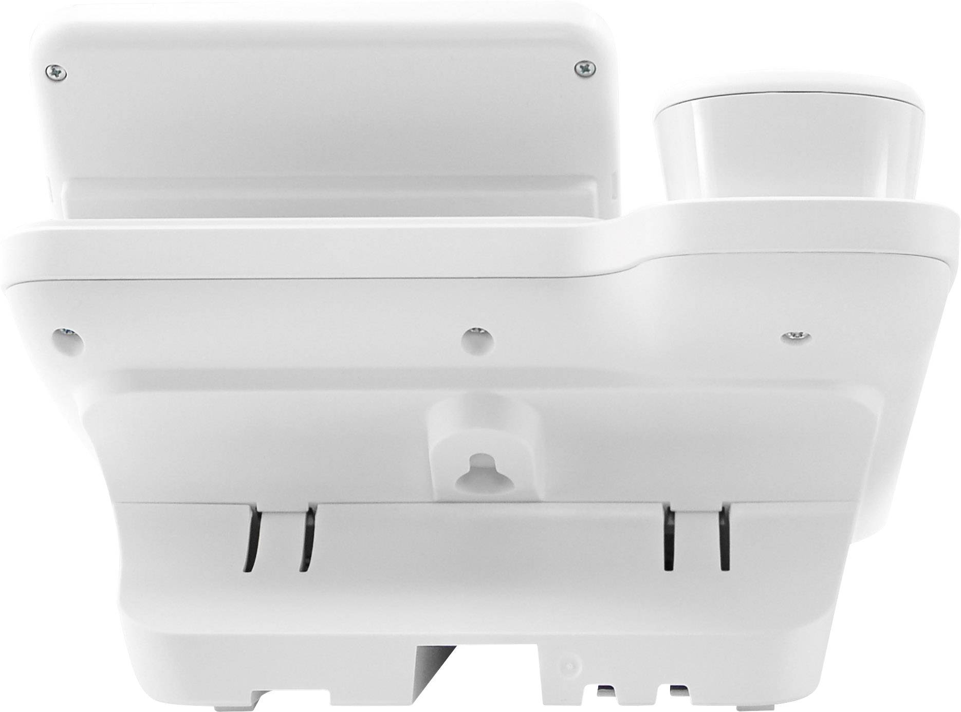 Un distributeur de savon électrique blanc avec capteur intégré, adapté à un montage mural, présente sa face inférieure et ses options de fixation.