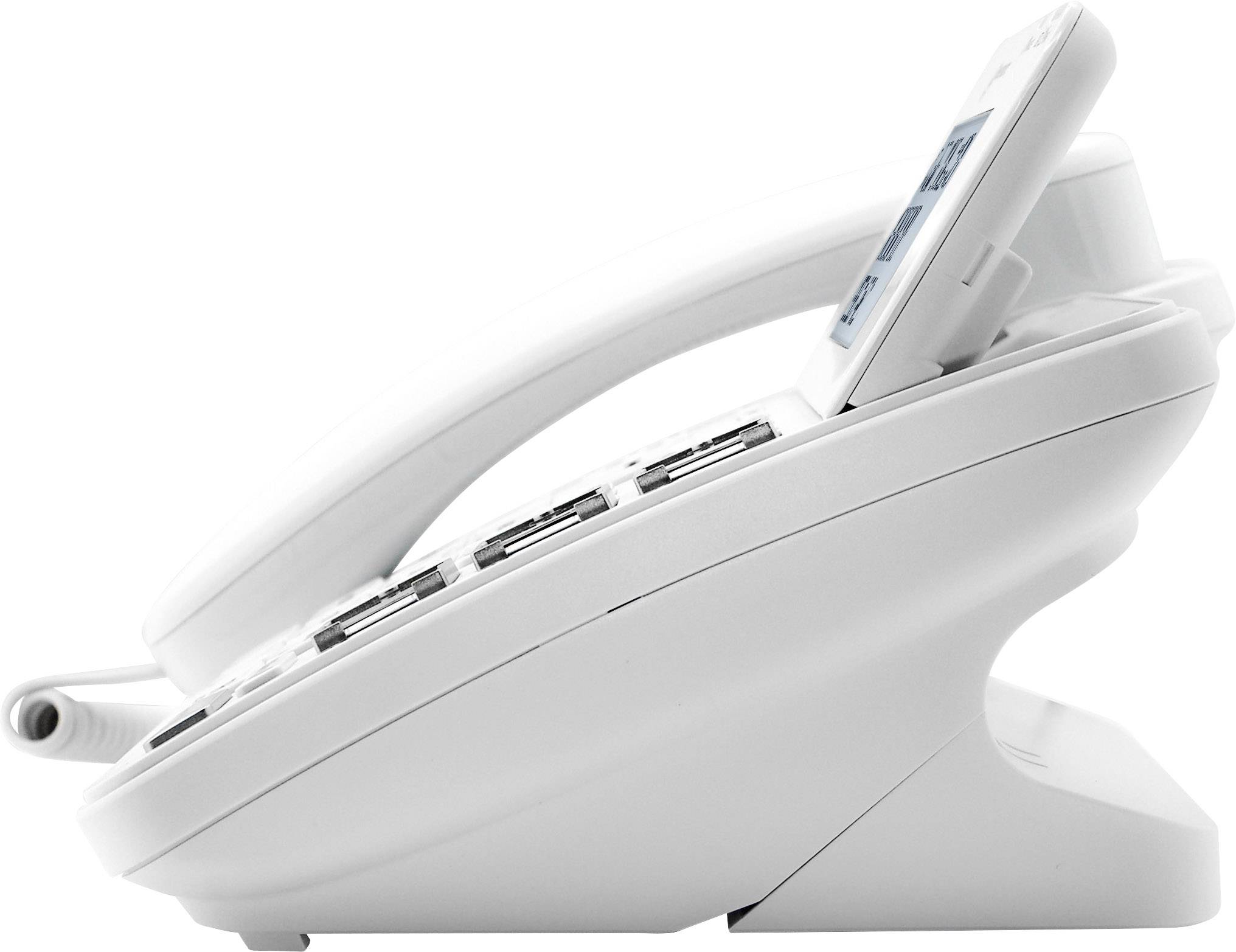 Un téléphone fixe blanc et moderne, avec combiné et touches, vue de côté, reposant sur une surface lisse.