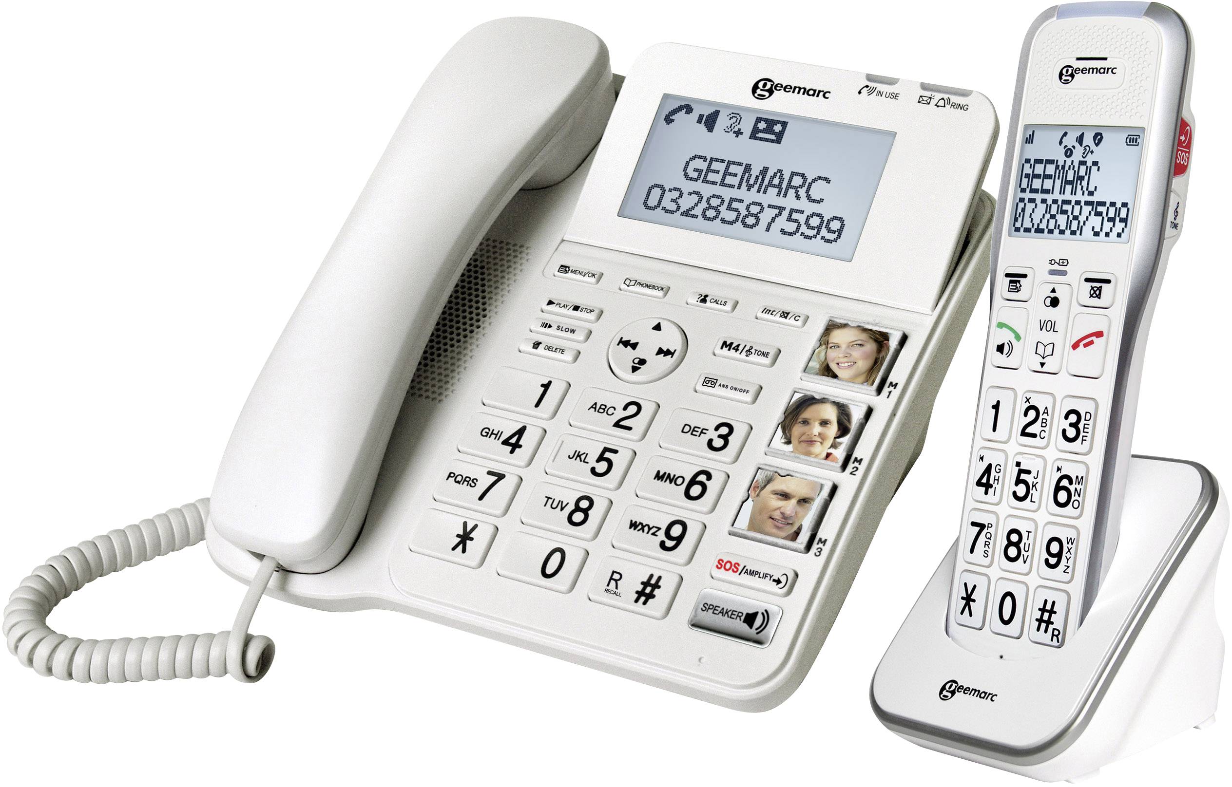 Un ensemble téléphonique blanc avec de grandes touches et un écran affiche 'GEEMARC 0328587599'. L'ensemble se compose d'un téléphone filaire et d'un téléphone sans fil.