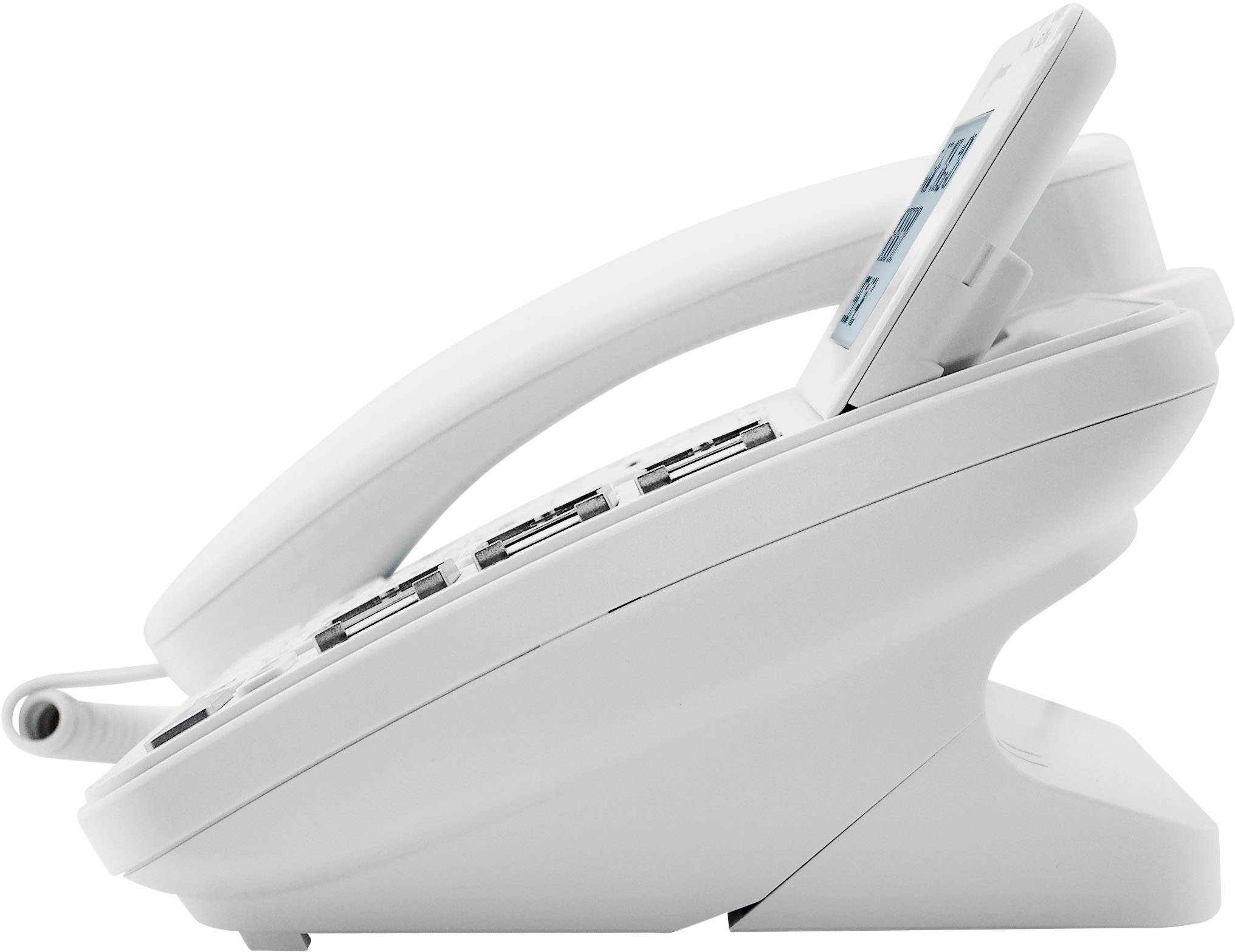 Un téléphone fixe blanc vu de côté, avec plusieurs touches et un écran.