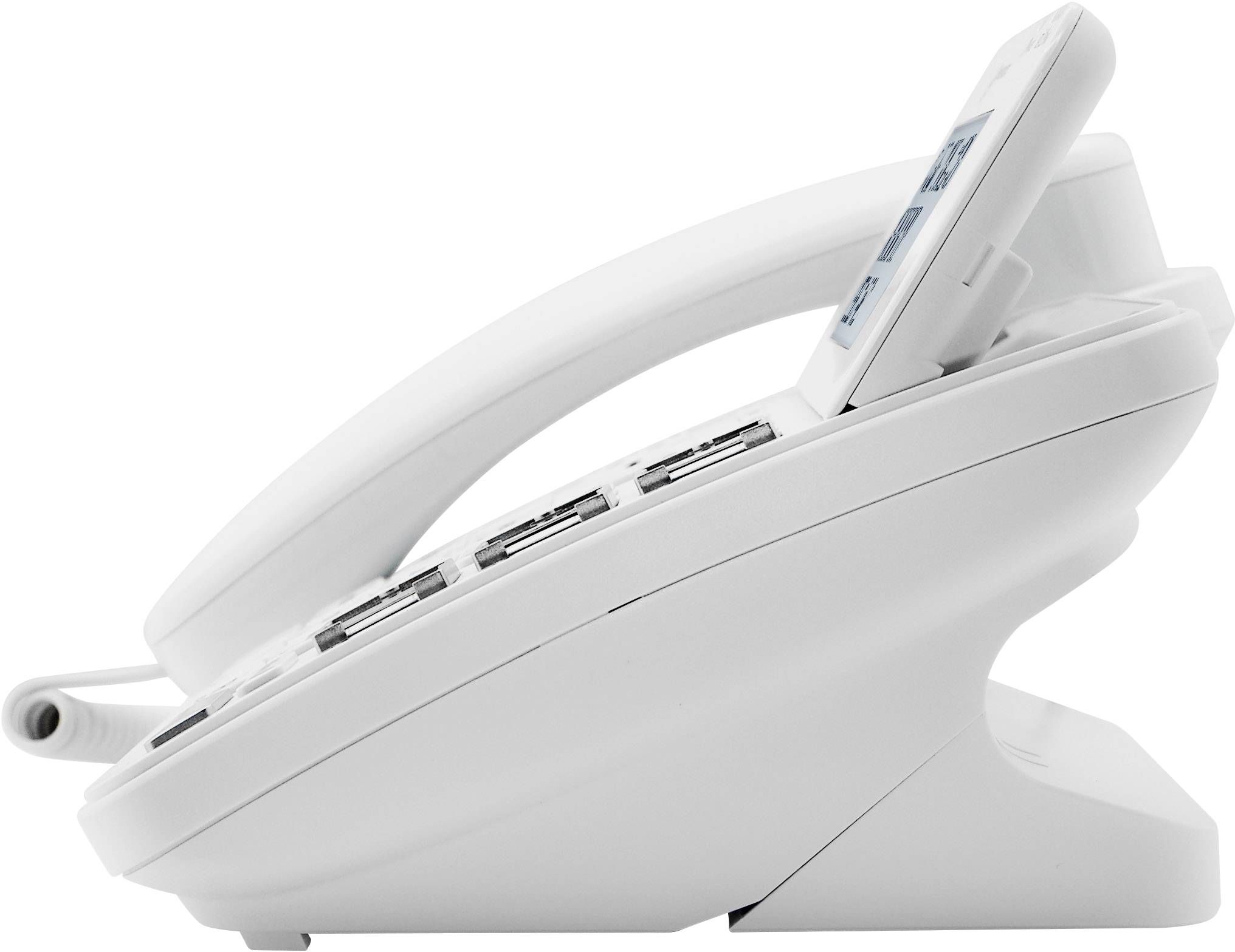 Un téléphone de bureau blanc avec plusieurs touches et un combiné amovible, vue de côté.