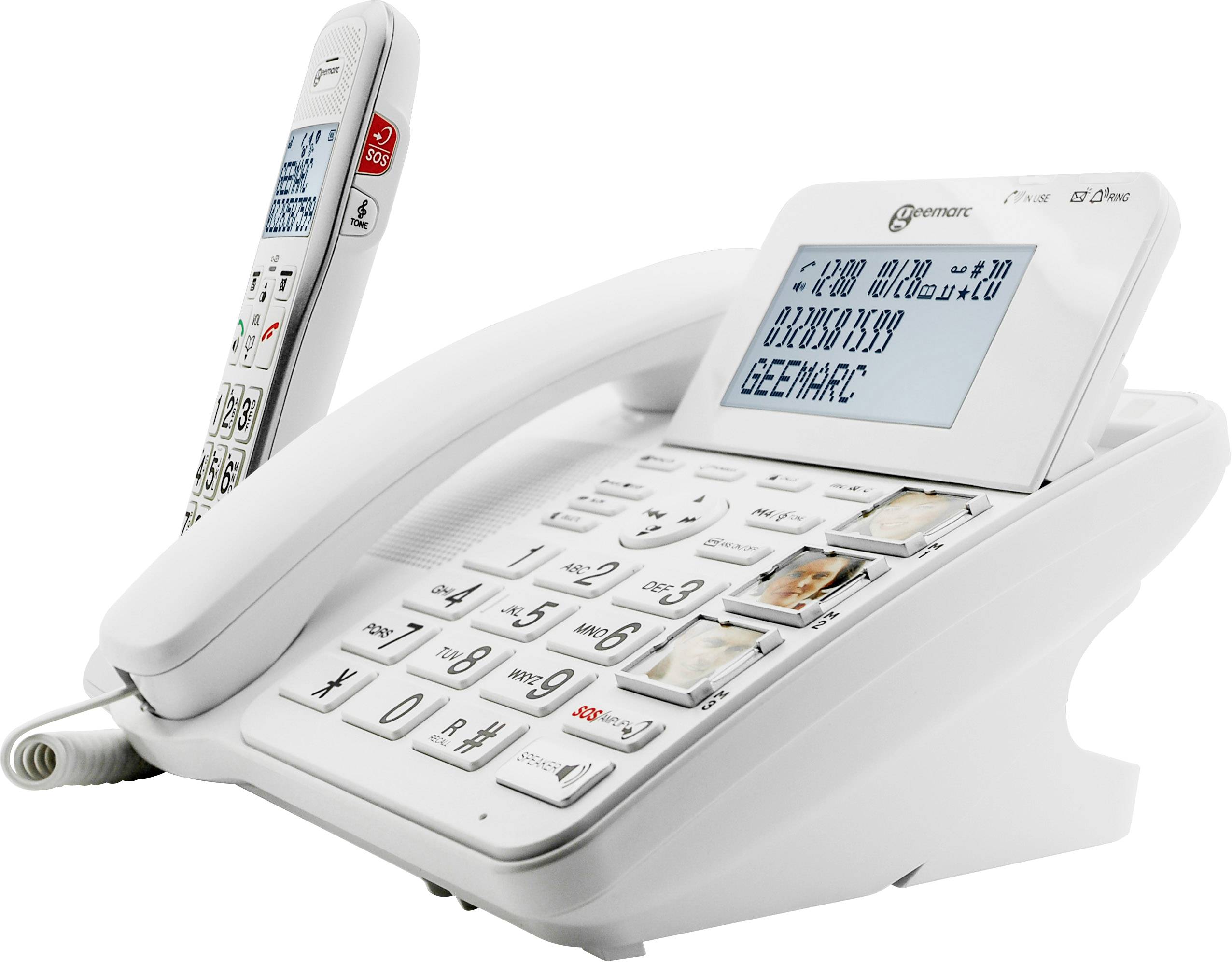 Un téléphone sans fil avec station de base et grand clavier. L'écran affiche des informations numériques et le mot 'GEEMARC'.