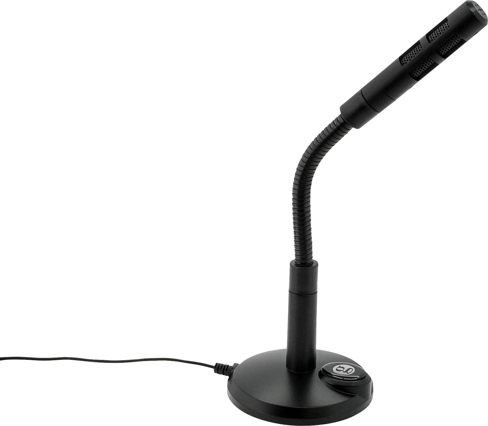 Un microphone de table noir à col flexible est posé sur un socle rond. Un câble s'étend à partir du microphone.
