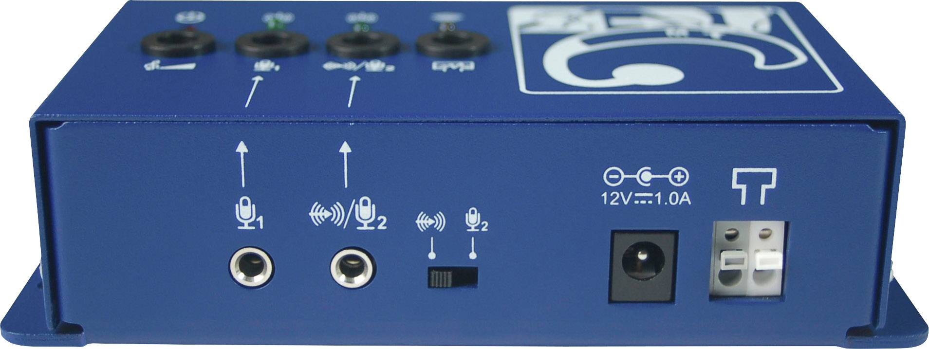 Appareil audio bleu avec des ports pour microphones, alimentation électrique et aides auditives. Des symboles et des étiquettes indiquent les différentes fonctions.