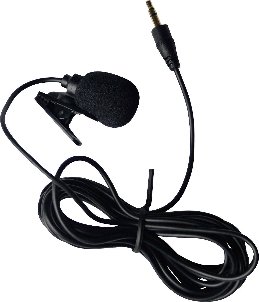 Un microphone-cravate noir avec câble et jack 3,5 mm, idéal à clipser sur les vêtements pour des enregistrements vocaux clairs.