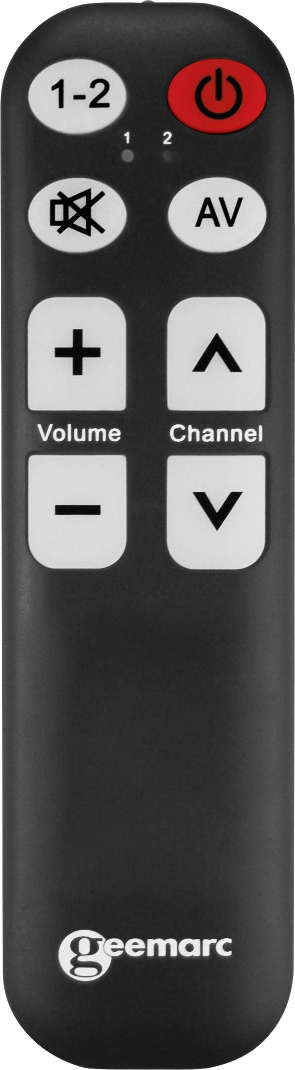 Une télécommande simple avec des touches pour le volume, le changement de chaîne, la mise en marche et hors tension, la sourdine et la sélection de l'entrée.