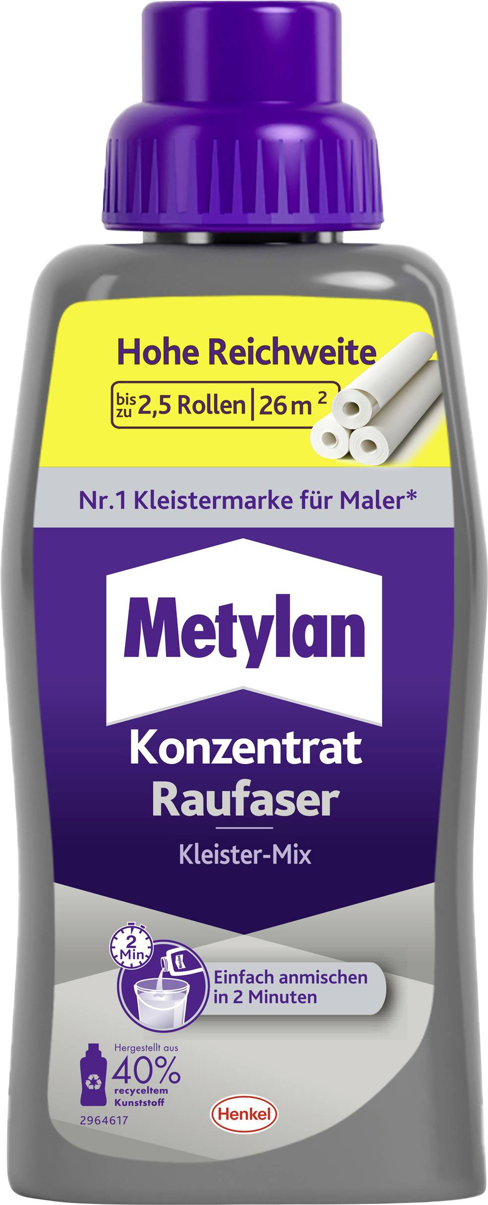 Bouteille de 'Metylan Konzentrat Raufaser Kleister-Mix' avec détails du produit en allemand, graphiques de rouleaux montrant une couverture élevée et un mélange facile.