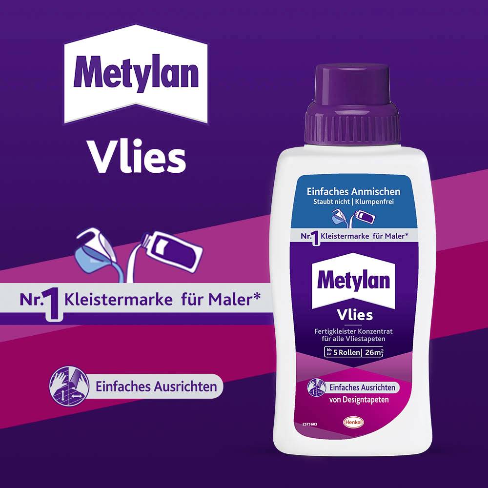 Metylan Vlies Colle en bouteille, présenté comme la 'Marque de colle n°1 pour peintres'. Convient parfaitement à la pose facile de papiers peints intissés.