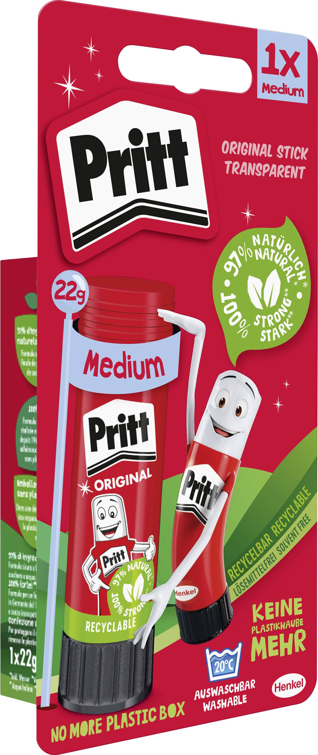 Bâton de colle Pritt 'Medium' dans un emballage rouge avec bouchon blanc. Revendique '97% naturel', 'fort', 'recyclable'. Mascotte de dessin animé sur le devant.