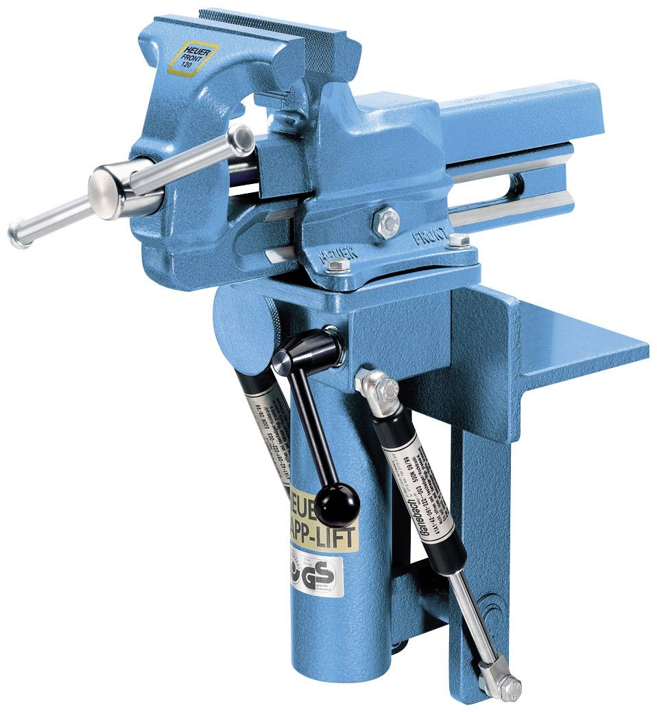 Un étau bleu avec fonction de levier hydraulique, monté sur un établi. Idéal pour des travaux stables et précis.