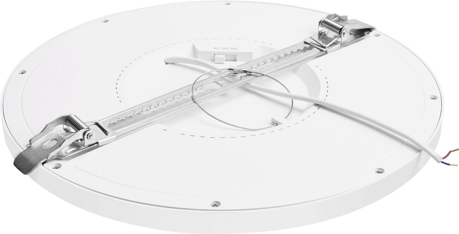 Plafonnier LED blanc rond avec supports métalliques et câbles à l'arrière, conçu pour une installation facile au plafond.