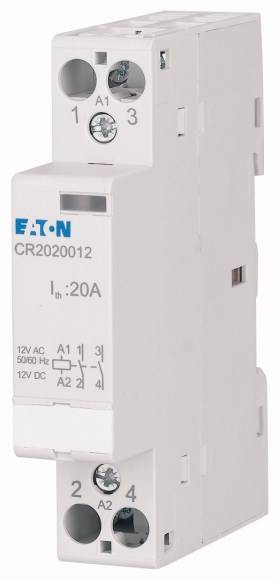 Un relais électrique blanc portant l'inscription 'EATON CR2020012 Ih: 20A', adapté aux applications 12V CA ou CC.