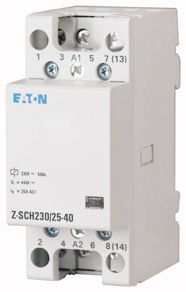 Un contacteur électrique blanc de Eaton avec l'étiquette 'Z-SCH230/25-40'. Adapté pour des applications d'automatisation à 230V, 25A.