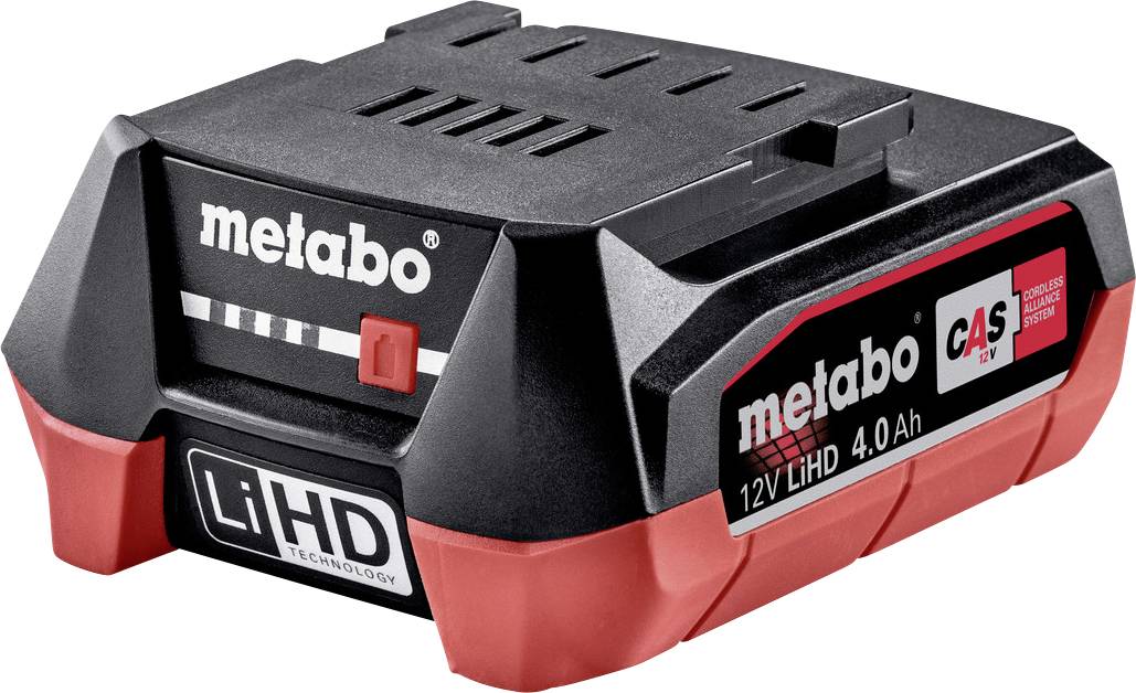 Pack d'accumulateur Metabo LiHD noir et rouge de 12V avec une capacité de 4,0 Ah. Inscription 'LiHD Technology' et '12 V Metabo'.