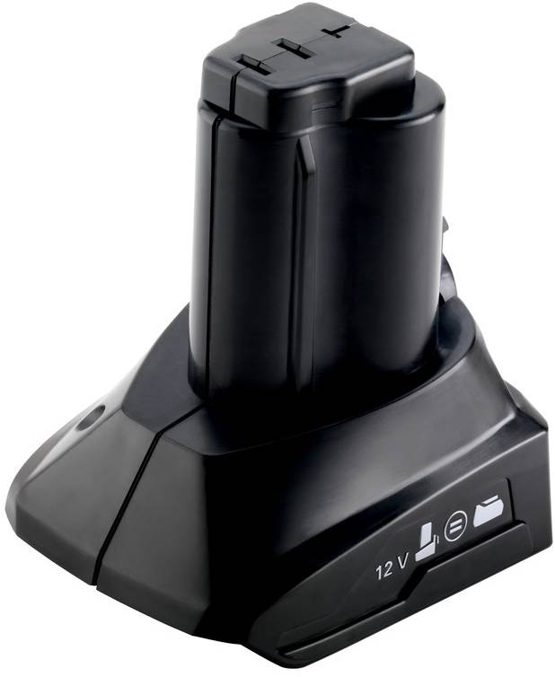Batterie noire de 12V dans un chargeur, affichant son état de charge.