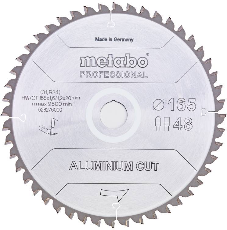 Lame de scie circulaire pour aluminium Metabo, diamètre 165 mm, 48 dents, fabriquée en Allemagne. Adaptée pour des coupes précises.